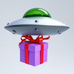 Shiny saucer delivers wrapped present with red bow; playful and festive