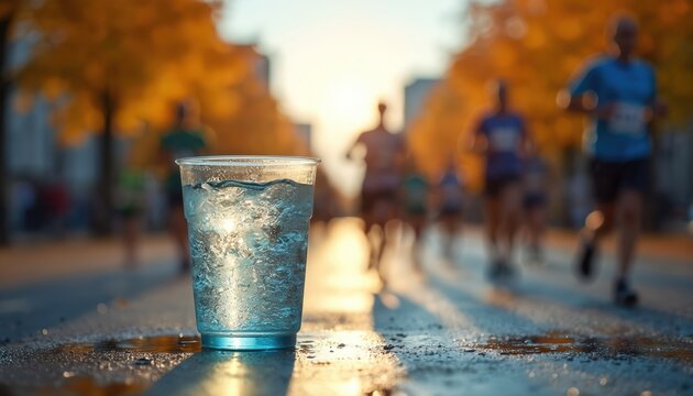 Cold water glass with ice sits roadside during marathon race at sunset. Blurred runners pass by on autumn day. Hydration, refreshment for athletes.