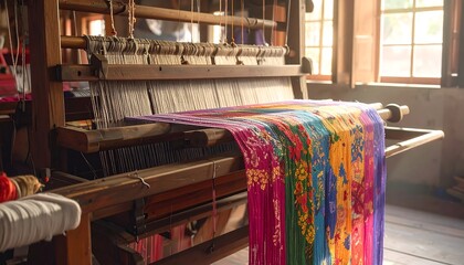 Wooden weaving loom in a brightly lit room, showcasing a colorful textile in progress. Sunlight streams through windows
