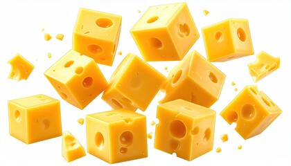 Cubes of bright yellow dairy product levitating against a white backdrop