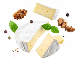 Brie cheese slices and walnuts with herbs and spices floating