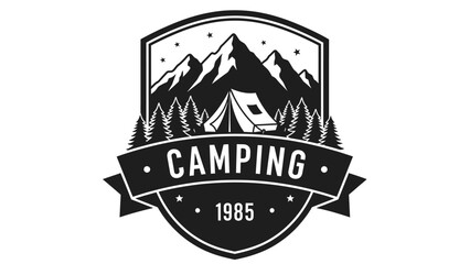 Vintage Camping Emblem with Mountains and Tent.