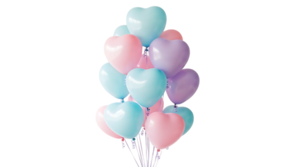 Cluster of pastel pink and blue heart shaped balloons isolated on transparent background