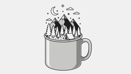Camping Adventure Inside a Coffee Mug Illustration.