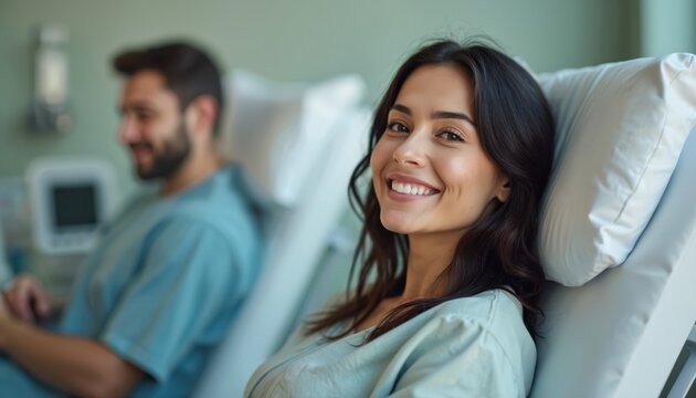Smiling woman in clinic receives vitamin infusion therapy. Patient rests comfortably on bed with man in background, feeling healthy. Well-being and beauty treatment.