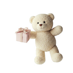 Obraz premium Plush Teddy Bear Holding a Pink Gift Box on Transparent Background