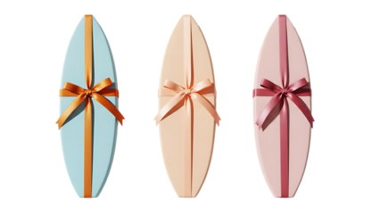 Three colorful surfboards with bows isolated on transparent background