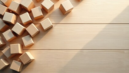 Scattered light wood cubes lie on a smooth light wood surface. Blank area offers ample room for text or graphics design. Minimalist arrangement suggests building blocks or simple shapes for concept.