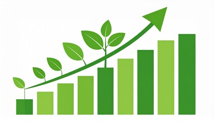 Green bar chart with growing plants and upward arrow