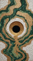 Textured rings of green, gold, white surrounding a dark void