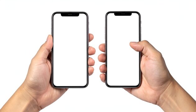 Two smartphones with blank screens held by hands against white backdrop - Powered by Adobe