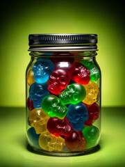 A vibrant and playful jar filled with colorful skull-shaped candies on a green background, perfect for Halloween or festive themes