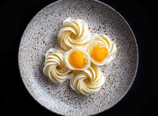 Creamy swirls and gel, artistic food on speckled plate