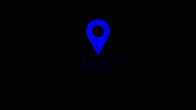 Location tracker pin pointer with radio waves target place fix place location pointer position location tracking animated. blue color location icon on black background.