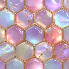 Shimmering pastel hexagon tiles with gold cracks