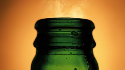 Green glass bottle releasing cold vapor smoke
