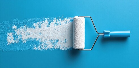 White paint roller leaves brushstroke on cyan