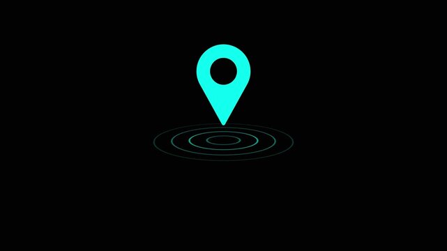 Location tracker pin pointer with radio waves target place fix place location pointer position location tracking animated. cyan color location icon on black background.