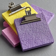 Stacked colorful memo pads with metal clips on gray