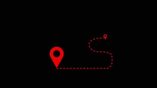 Animated destination, path, and route icon showing map, location pin, and dotted travel line for navigation, journey, and direction. red color location icon on black background.