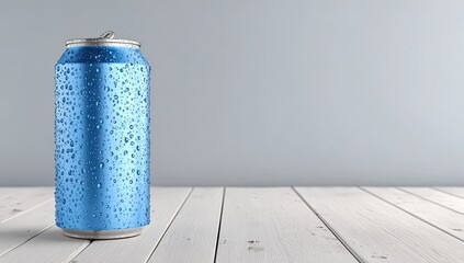 Chilled, blue aluminum can covered in water droplets
