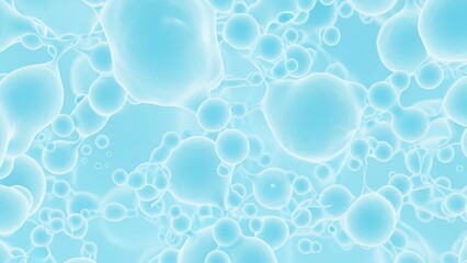 Close-up of light blue, translucent spheres and organic shapes, creating a flowing network