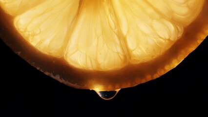 Yellow lemon slice with juicy drop backlit