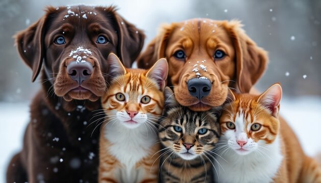 Two dogs and two cats huddle together in gentle snowfall. Furry pets share warm companionship outdoors in a wintry landscape. Adorable animals display calm affection during cold season.