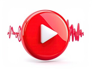 Shiny red play button with sound waves against a white backdrop