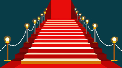 An exclusive 3d illustration of a luxury staircase featuring a red carpet for a vip gala entrance to celebrate success and fame at a prestigious movie award ceremony or theater party