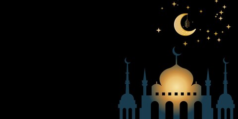 A luxurious background for Ramadan and Eid al-Fitr. Template for a greeting card with the silhouette of an Arab mosque, a crescent moon, a lantern, and stars on a black background with copy space. © Oleg  Zaharov