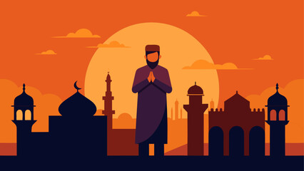 Silhouette of a woman with a backpack standing against a city skyline featuring a mosque and church under a golden sunset sky