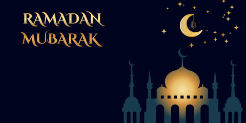Elegant Islamic banner, greeting card with gold text Ramadan Mubarak with  silhouettes Arab mosque, crescent moon with lantern and stars on a  blue background with copy space