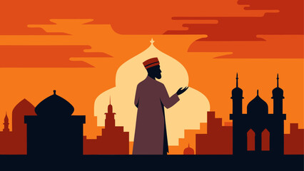 Vector illustration of a Taj Mahal silhouette featuring a man and woman at sunset with a travel monument skyline and ancient India temple architecture