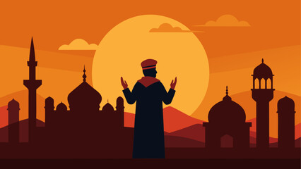 A silhouette of a mosque and an ancient temple stands against a golden sunset sky, featuring a dark city skyline with a religious dome and tower architecture in a black vector illustration