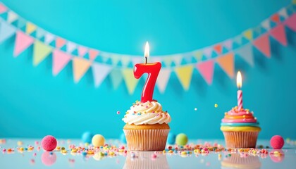 Brightly lit festive scene with two cupcakes, one topped with red number 7 candle, on vibrant blue background with colorful bunting. Sprinkles, small decorative balls scatter across reflective