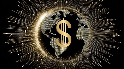 Golden dollar sign overlay on a glowing globe with sparkling rays symbolizing global finance and wealth, representing prosperity and economic connection