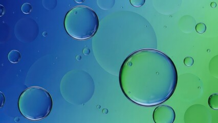 Macro photography of transparent liquid orbs floating against a vibrant blue and green gradient backdrop