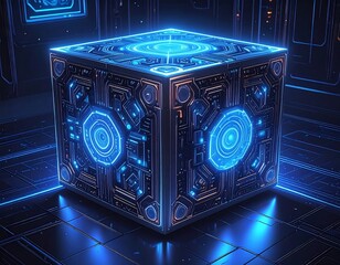 Glowing, blue, geometric cube with intricate, techy circuitry