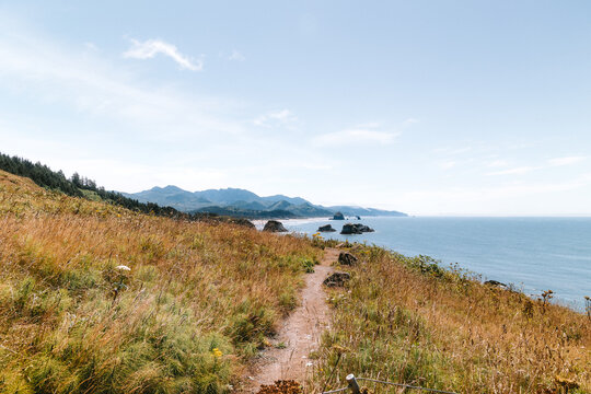 Cliffside trail at Ecola Point, OR with sea stacks in background