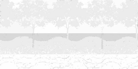 A grayscale landscape featuring trees along a shoreline with textured foreground