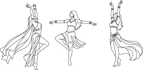 indian classical dance illustration, graceful female dancer poses, traditional costume, cultural movement, line art, ethnic performance, isolated white background
