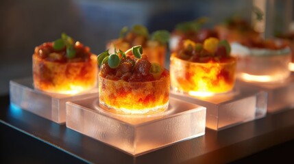 Delicious gourmet appetizers presented on illuminated plates with vibrant colors showcasing culinary artistry at an upscale dining event