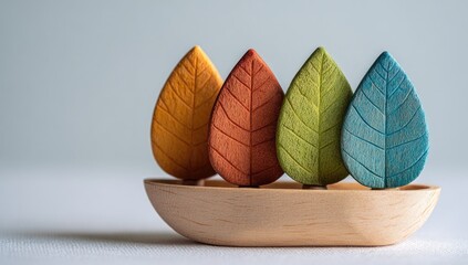 Wooden leaves, different colors, in small wooden bowl