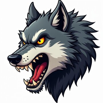 Cartoon wolf head bared teeth growl. Fierce predator animal face, sharp fangs, aggressive snarl. Wild mammal illustration, evil mascot or icon.
