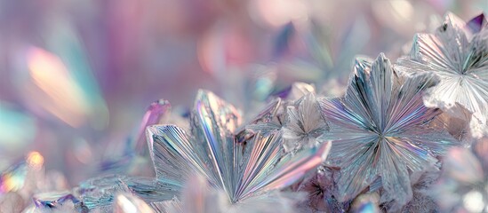 Iridescent crystal formations, soft pastel bokeh background