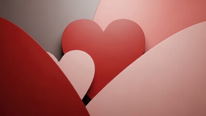 Artistic rendering features layered, paper-like hearts, shades of red and pink, creating a 3D aesthetic