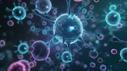 Microscopic view of viruses and bacteria in a biological environment showing cellular interaction. - Powered by Adobe