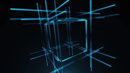 Abstract blue neon lines creating geometric cube structure