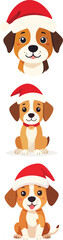 Fototapeta premium Adorable puppy dog pet character icon wearing a bright red fluffy Christmas Santa hat, cute flat vector illustration for holiday season greeting cards, festive winter celebration invitations, modern